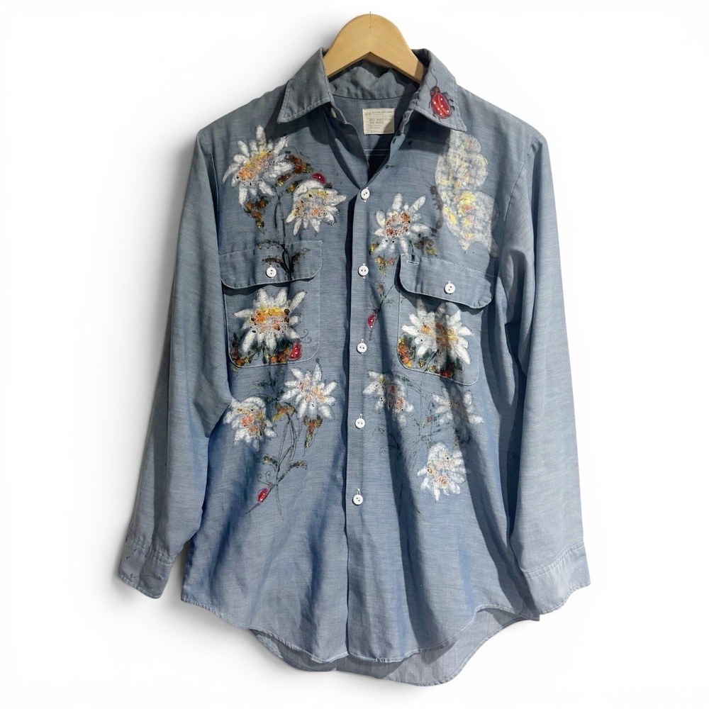 1970s JCPenney BIG MAC Blue Chambray Western Shirt Painted Floral Men Small